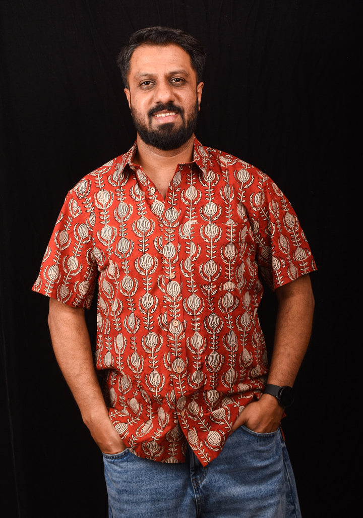Red Black Bagru Handblock Printed Cotton Mens Shirt