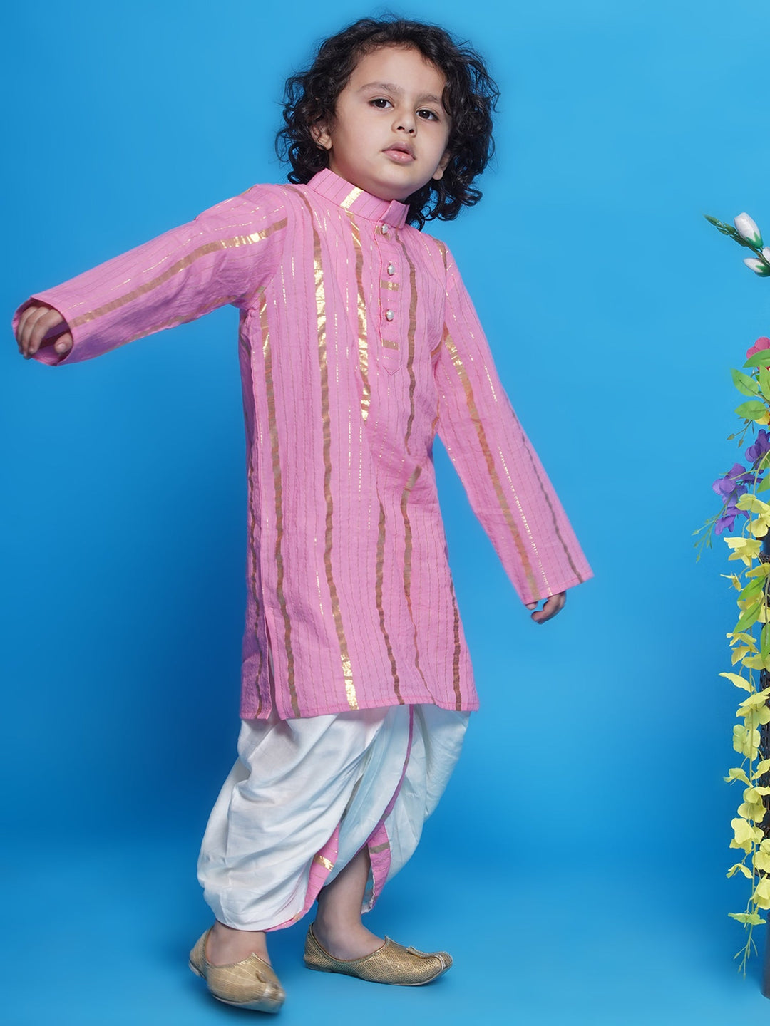 Gulabi Kurta Dhoti with Golden Strips - Pink | SHOBITAM