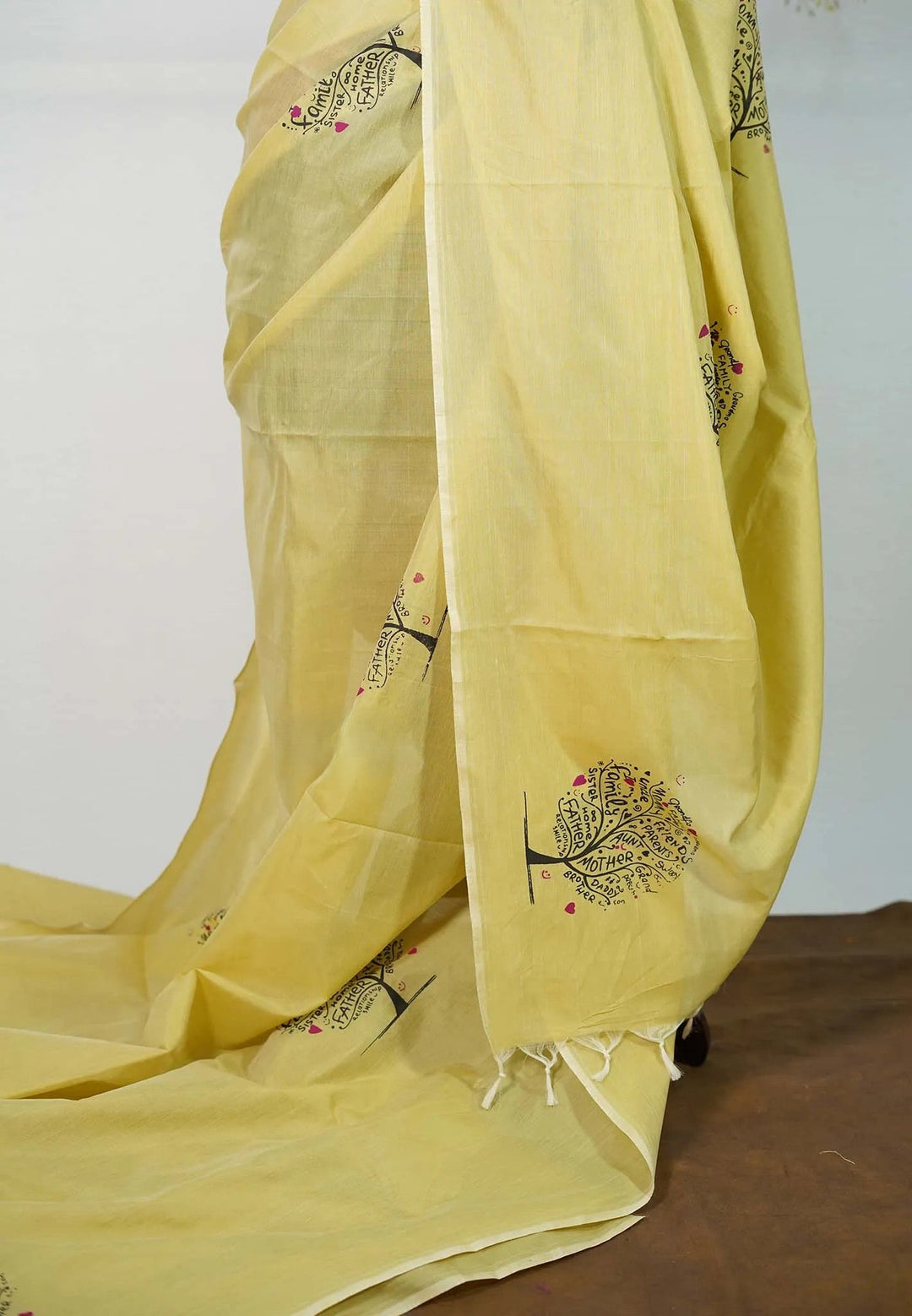 Butter Yellow Family Treehand block print Bamboo Cotton Saree | SHOBITAM