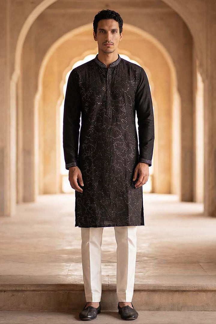 Silk Blend Black Solid Embroidered Calf Length Straight Kurta | SHOBITAM