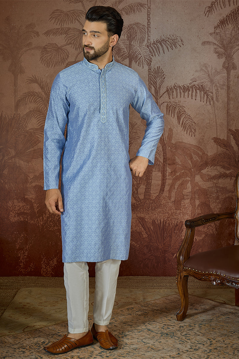 Mens Blue Jacquard Solid Embroidered Kurta  | SHOBITAM