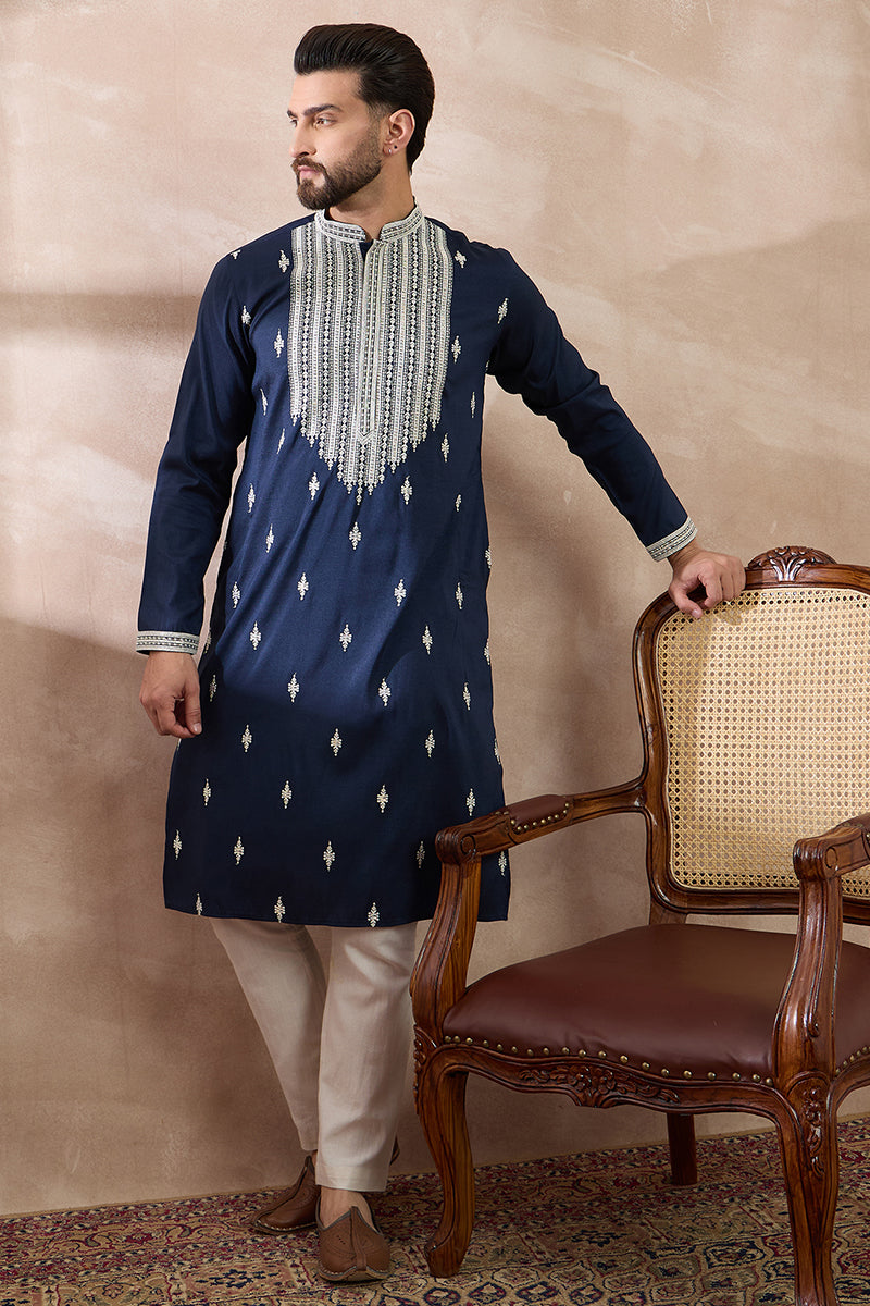 Navy Blue Silk Blend Embroidered Mandarin Collar Straight Kurta | SHOBITAM