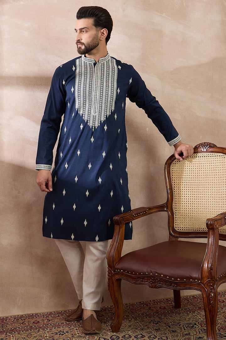 Navy Blue Silk Blend Embroidered Mandarin Collar Straight Kurta | SHOBITAM