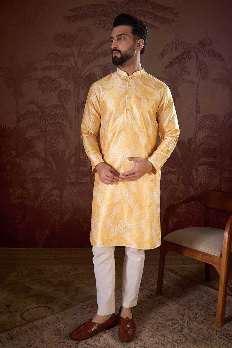 Yellow Silk Blend Floral Printed Straight Kurta For Men | SHOBITAM