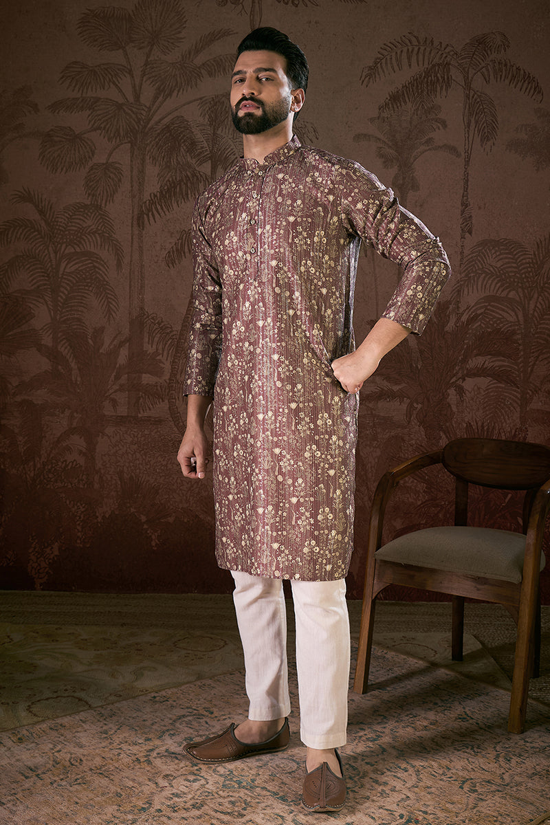 Mauve Silk Blend Floral Printed Straight Kurta With Trouser | SHOBITAM