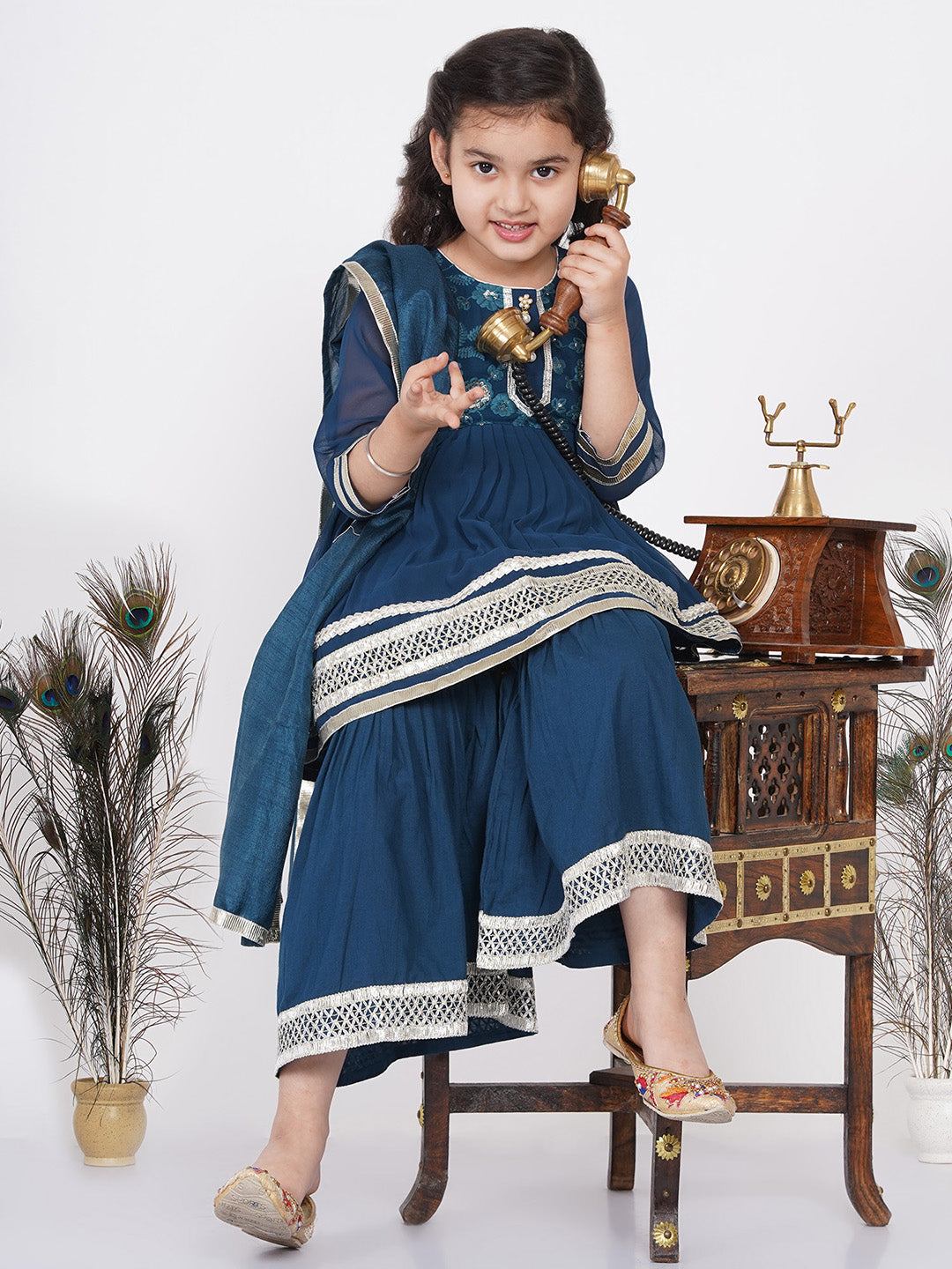 Girls jaipuri Lacework Kurta frock with Sharara and Dupatta - Nighttime Blue | SHOBITAM