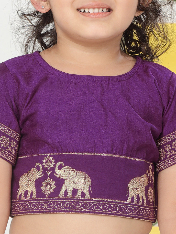 Cream Elephant Zari Embroidery Chanderi Cotton Lehenga with Stitched Purple blouse Set | SHOBITAM