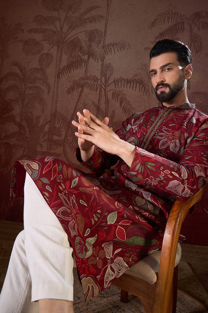 Maroon Silk Blend Floral Printed Straight Kurta With Trouser| SHOBITAM