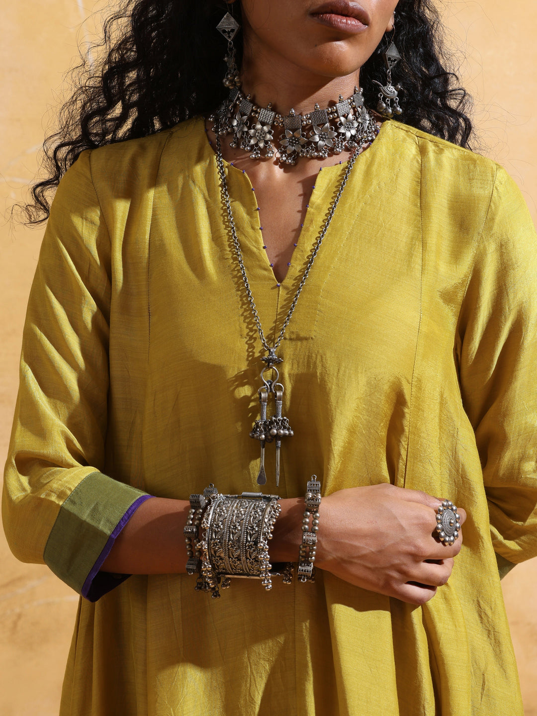 Lime Muslin Silk Flared Kurta Co-ord Set | SHOBITAM