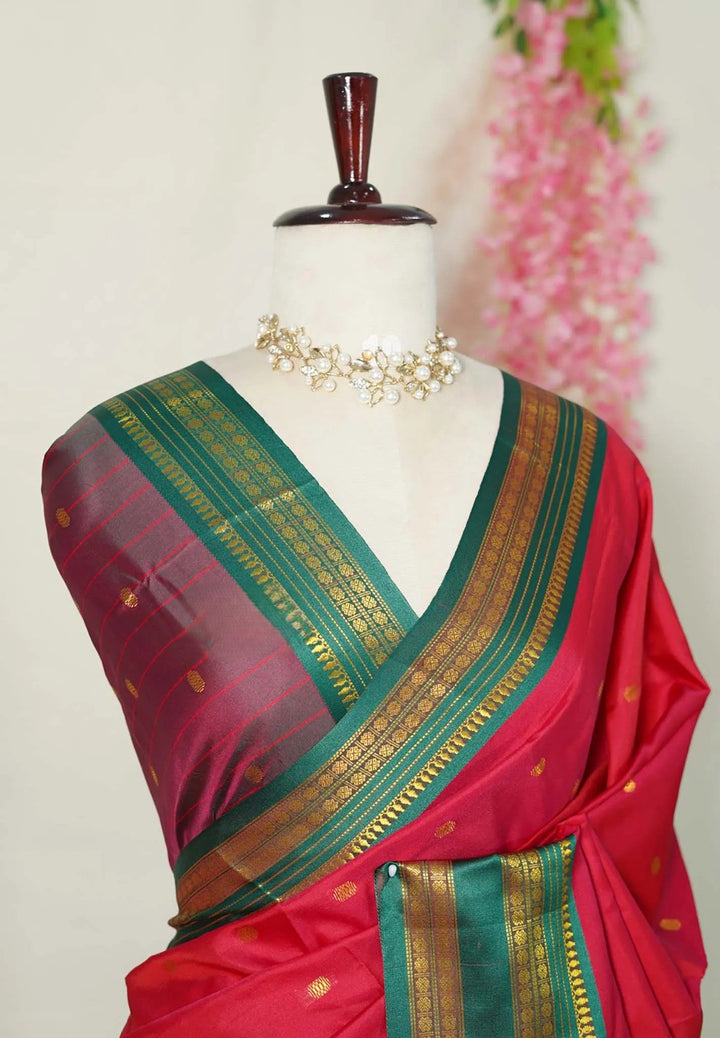 Reddish Pink Gadwal semi silk Saree with Rettaipet Rudraksham Border  | SHOBITAM