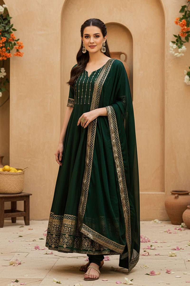 Green Silk Blend Woven Design Anarkali Suit Set | SHOBITAM