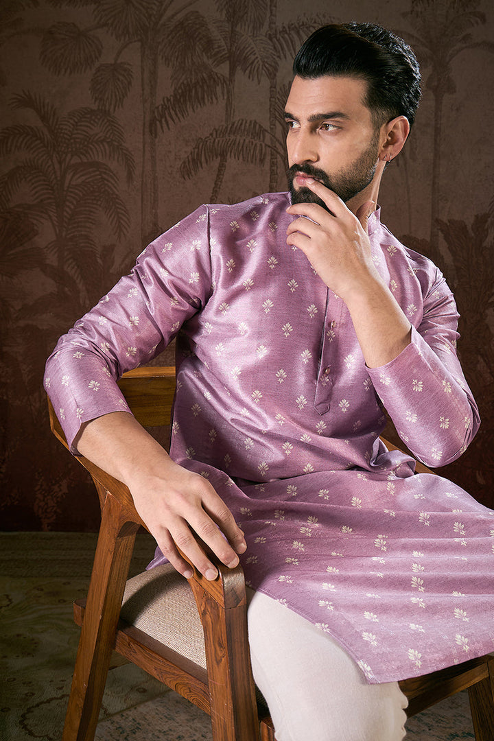 Lavender Silk Blend Floral Printed Straight Kurta With Trouser | SHOBITAM