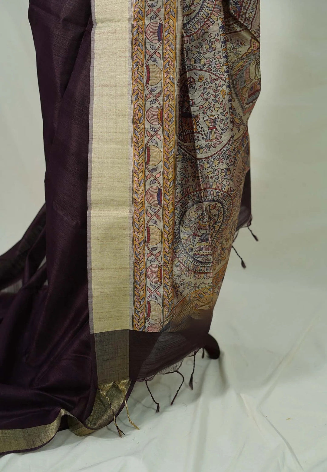 Brown - Roopa - Premium Chaapa semi tussar with Madhubani style pallu | SHOBITAM