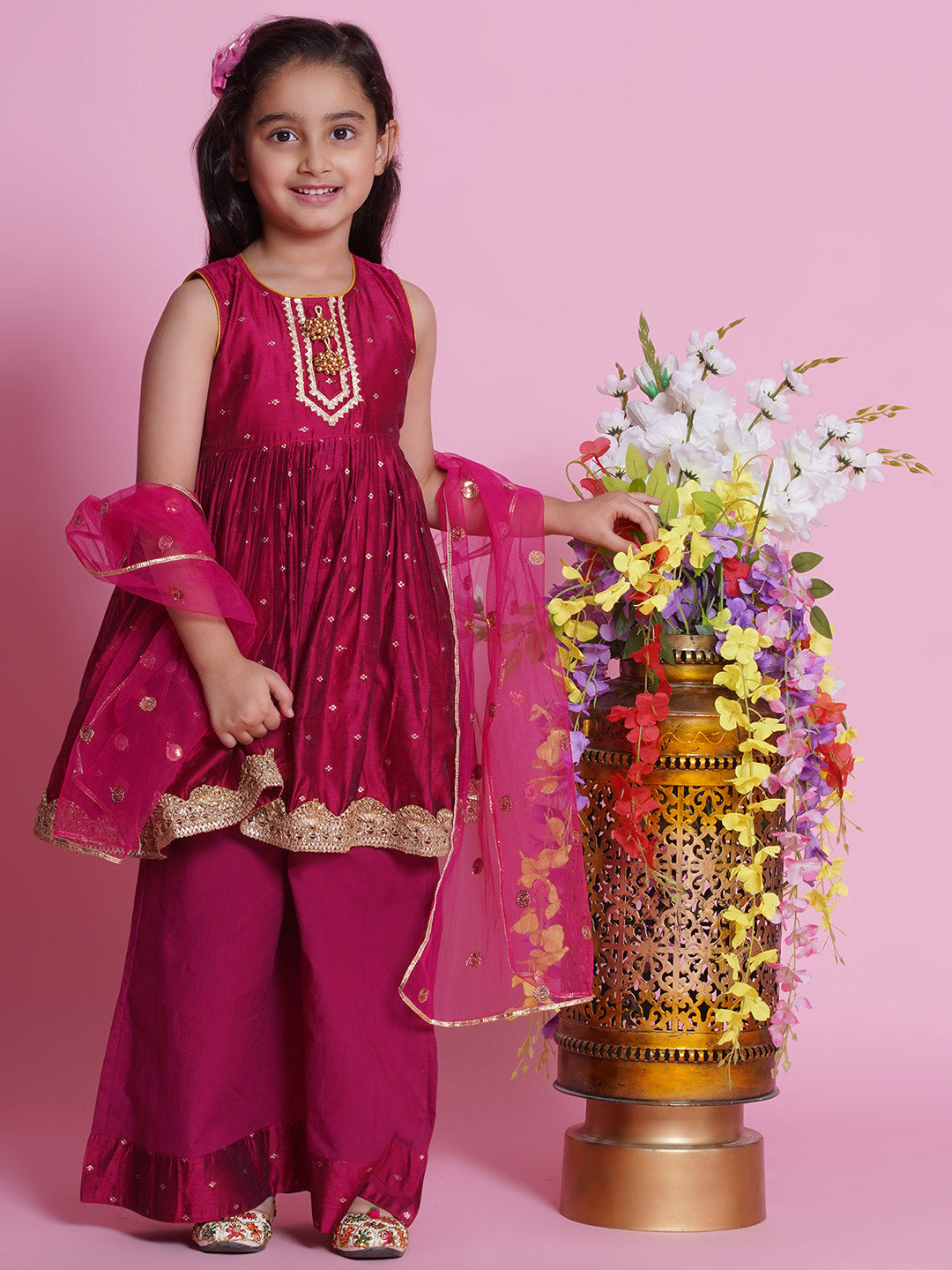 Chanderi Cotton Sleeveless Zari Boota & Lace Embellished Kurta Frock with Plazzo and Dupatta - Hot Pink | SHOBITAM