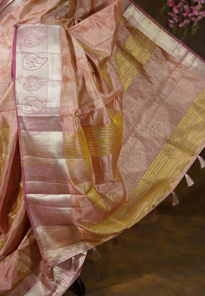 Onion Peach Semi Tussar Saree with Zari detailing | SHOBITAM