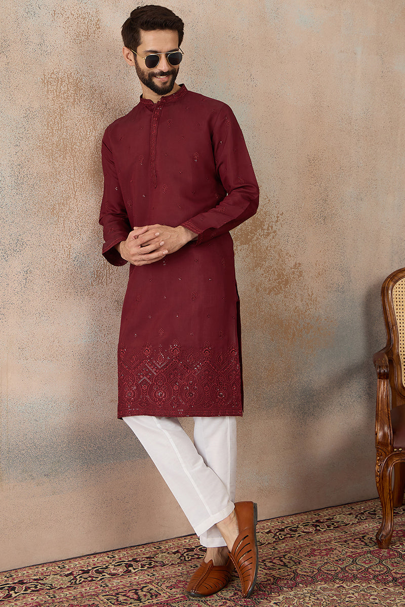 Mens Maroon Silk Blend Solid Emboidered Straight Kurta With Trouser | SHOBITAM