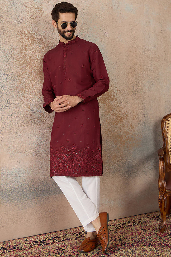 Mens Maroon Silk Blend Solid Emboidered Straight Kurta With Trouser | SHOBITAM