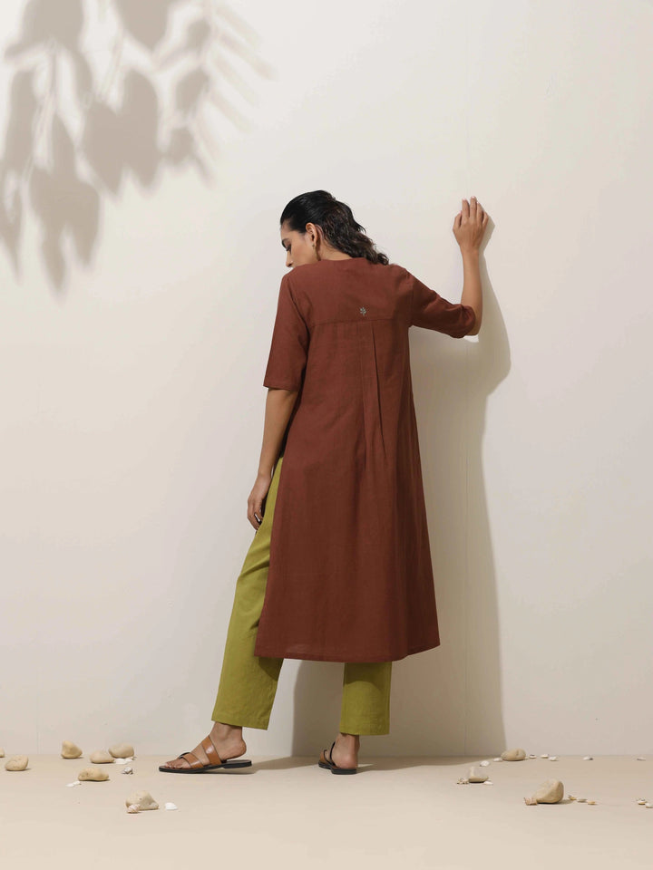 Brown Cotton Linen Kurta Pant Set | SHOBITAM