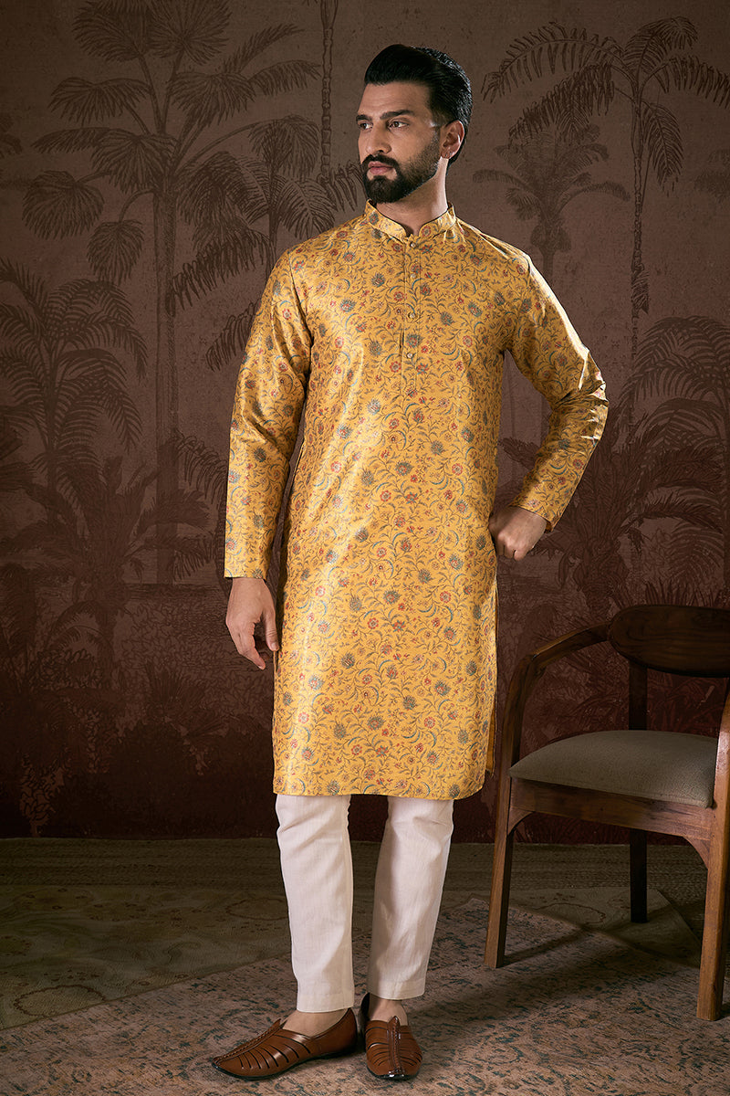 Yellow Silk Blend Floral Printed Straight Kurta With Trouser | SHOBITAM