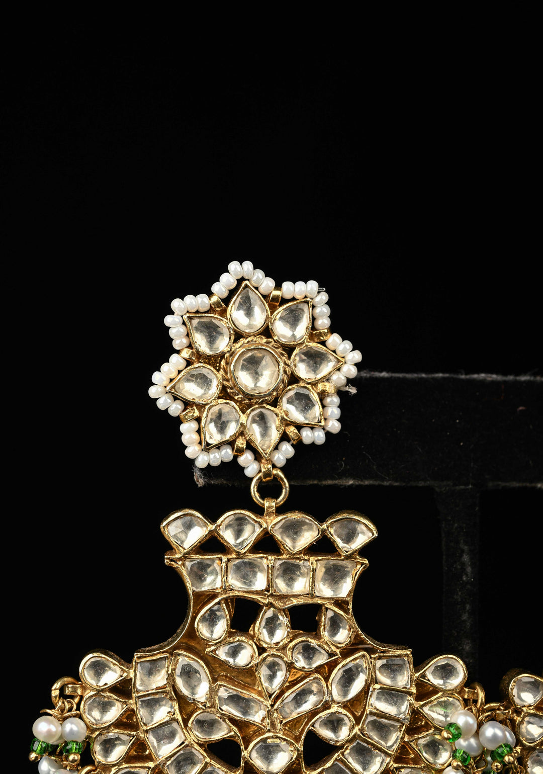 92.5 Pure Silver, Gold-Plated Polki Chandbali Earrings with Pearls and Green Beads