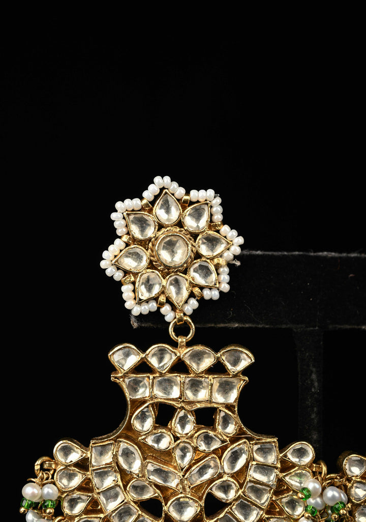 92.5 Pure Silver, Gold-Plated Polki Chandbali Earrings with Pearls and Green Beads