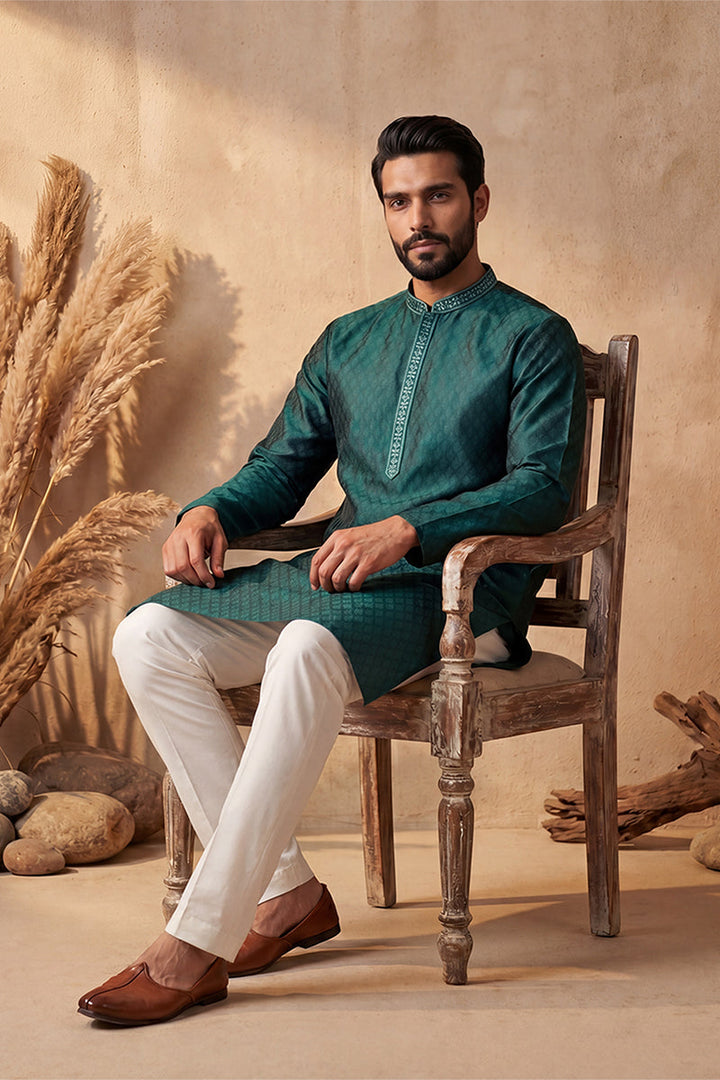 Mens Green Silk Blend Woven Design Straight Kurta With Trouser | SHOBITAM