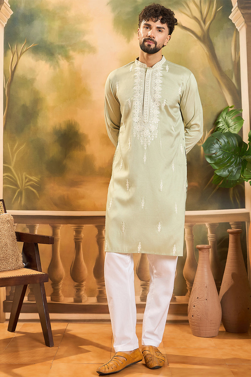 Green Silk Blend Solid Embroidered Straight Kurta  | SHOBITAM
