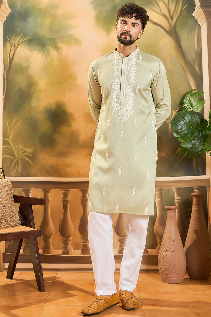 Green Silk Blend Solid Embroidered Straight Kurta  | SHOBITAM