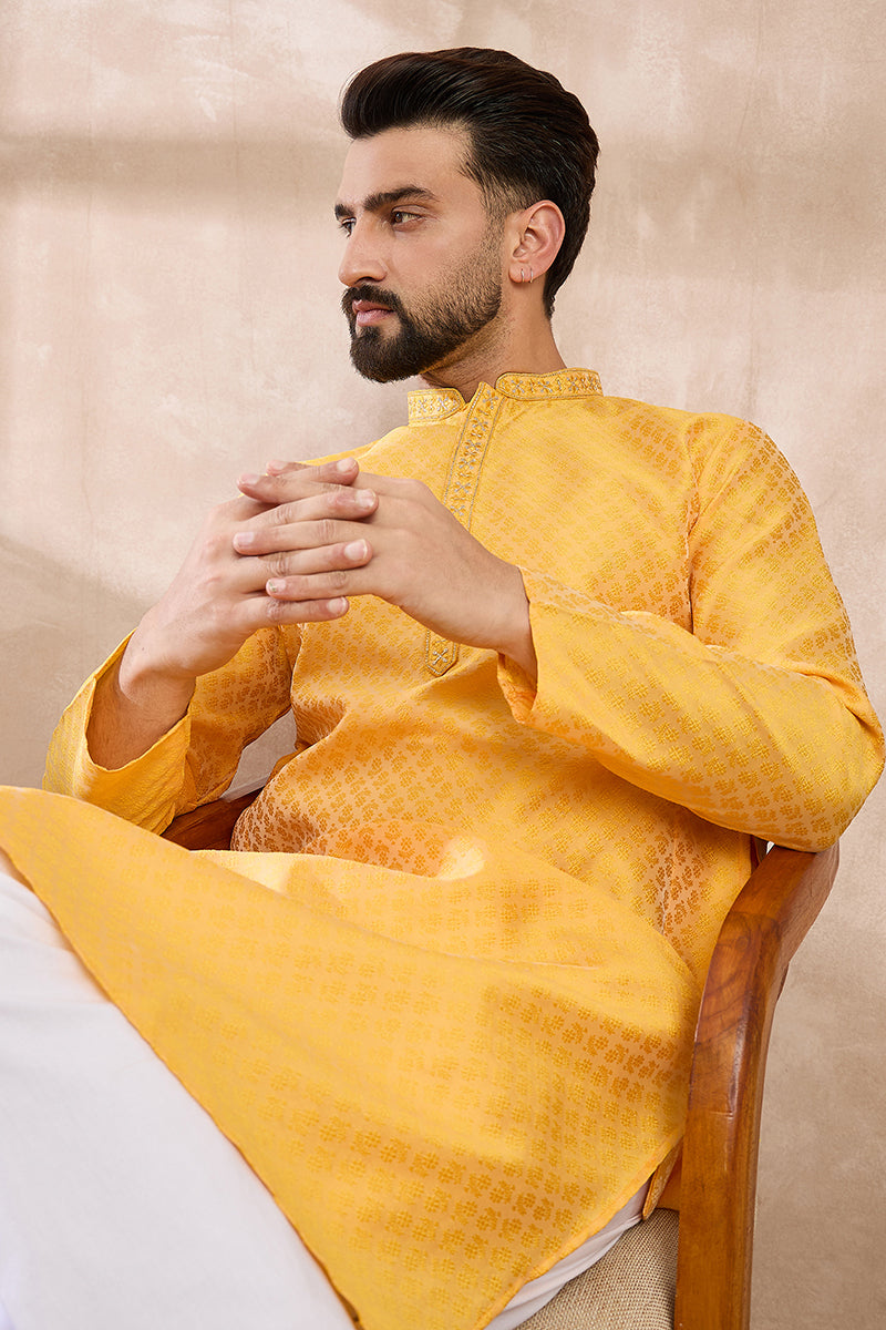 Yellow Silk Blend Solid Embroidered Straight Kurta | SHOBITAM