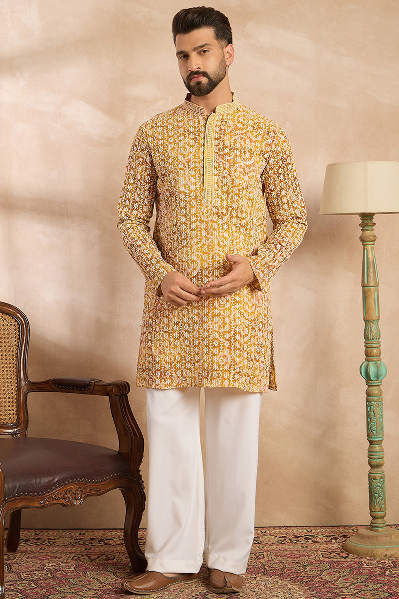 Yellow Viscose Rayon Batik Embroidered Straight Kurta With Trouser | SHOBITAM