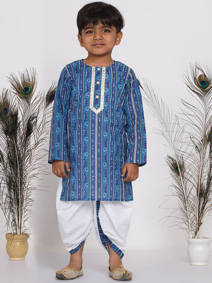 Boys Floral Indigo Kurta with Nehru Jacket and Marwari Dhoti  | SHOBITAM