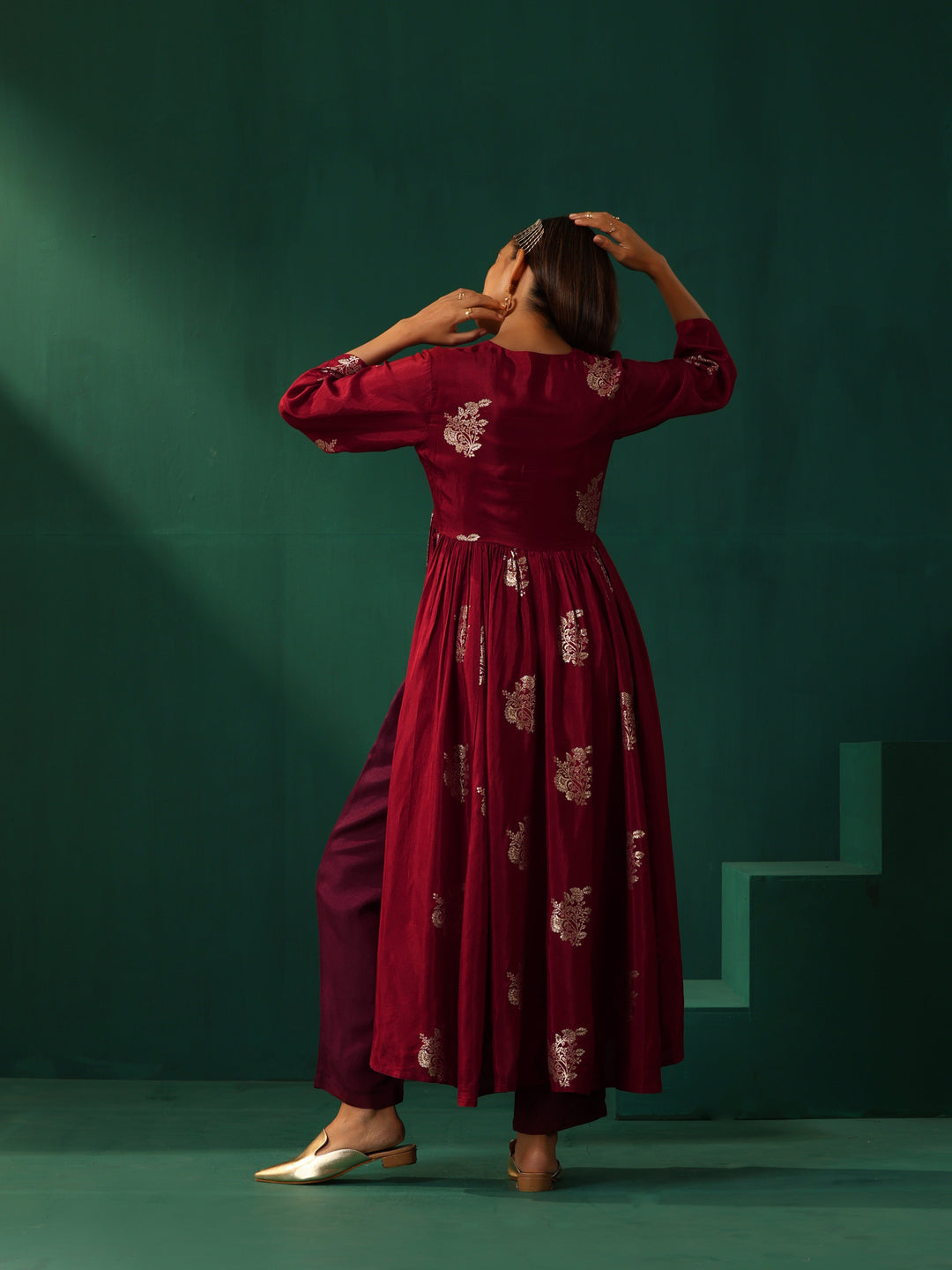Maroon Floral Viscose Silk Kurta Pant Set  | SHOBITAM