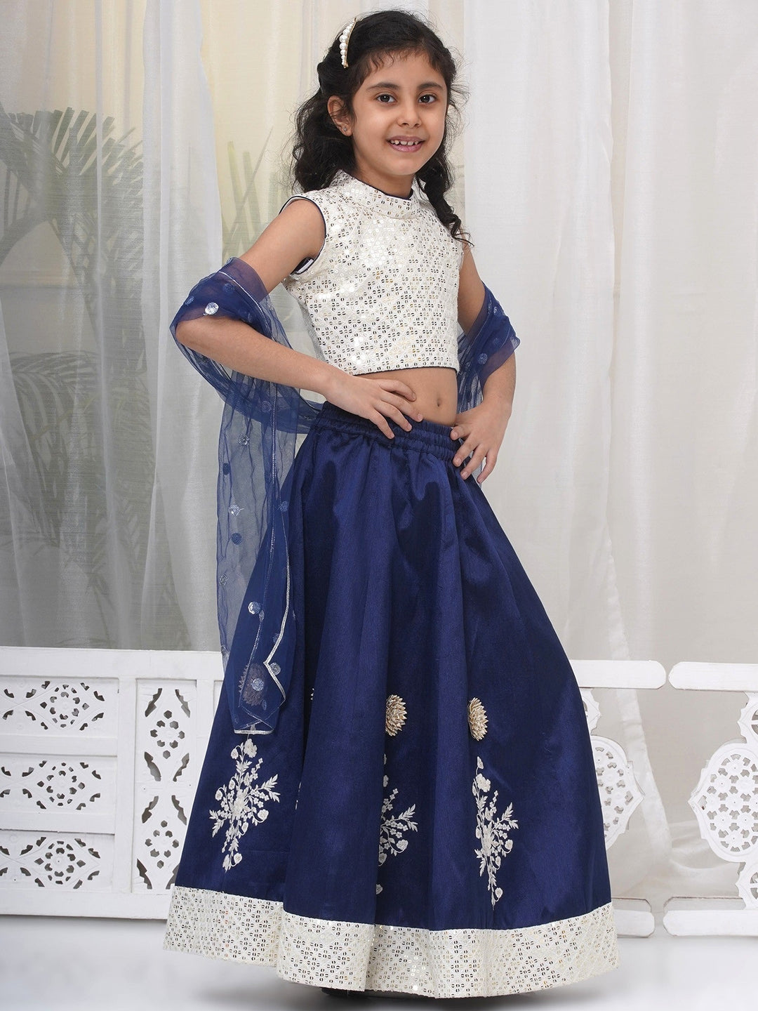 Girls Silk Brocade Kali Work Lehenga with Floral Thread Work & Sequin work Sleeveless Blouse with Dupatta - Royal Blue | SHOBITAM