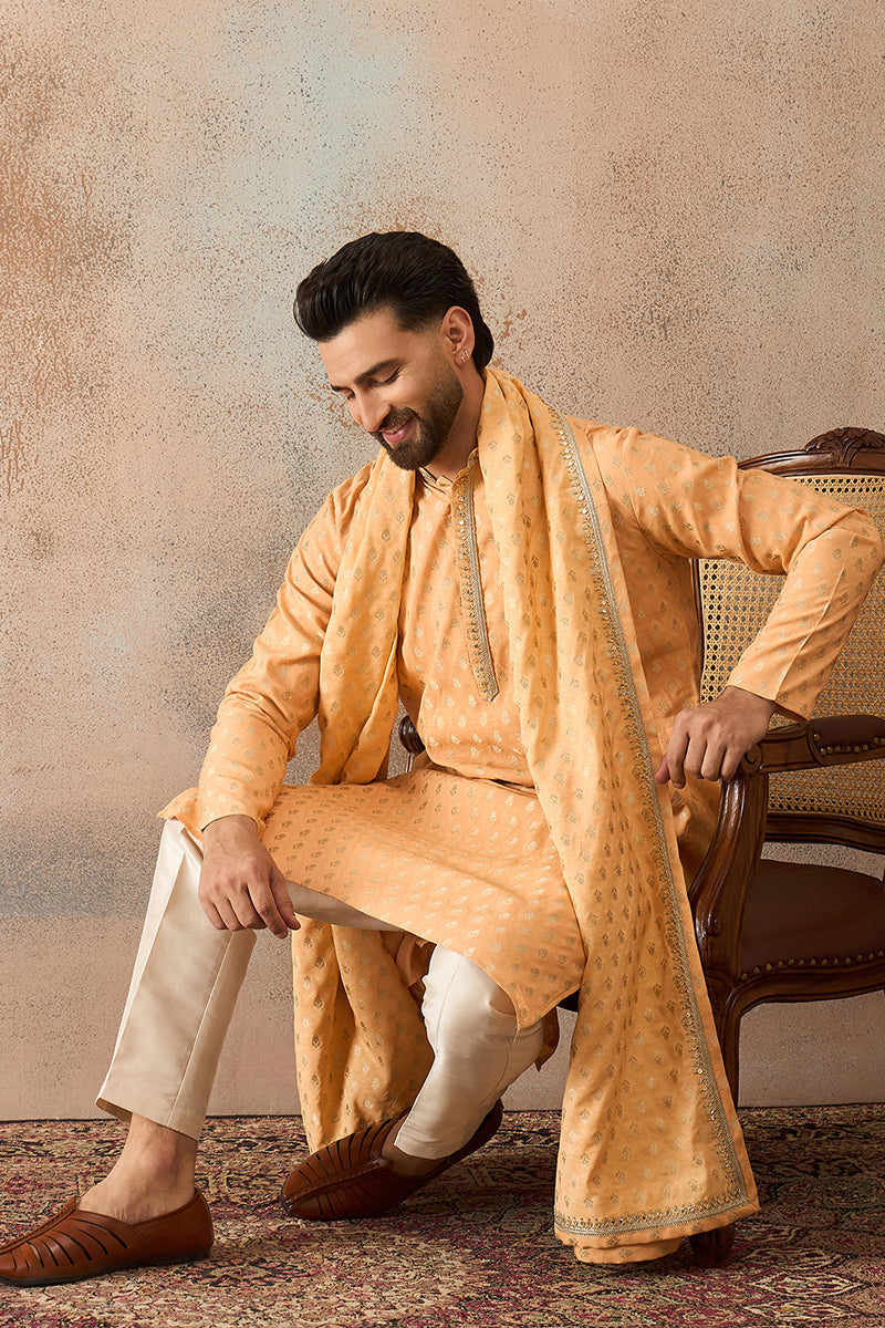 Men Peach Jacquard Woven Design Floral Straight Kurta Sets | SHOBITAM