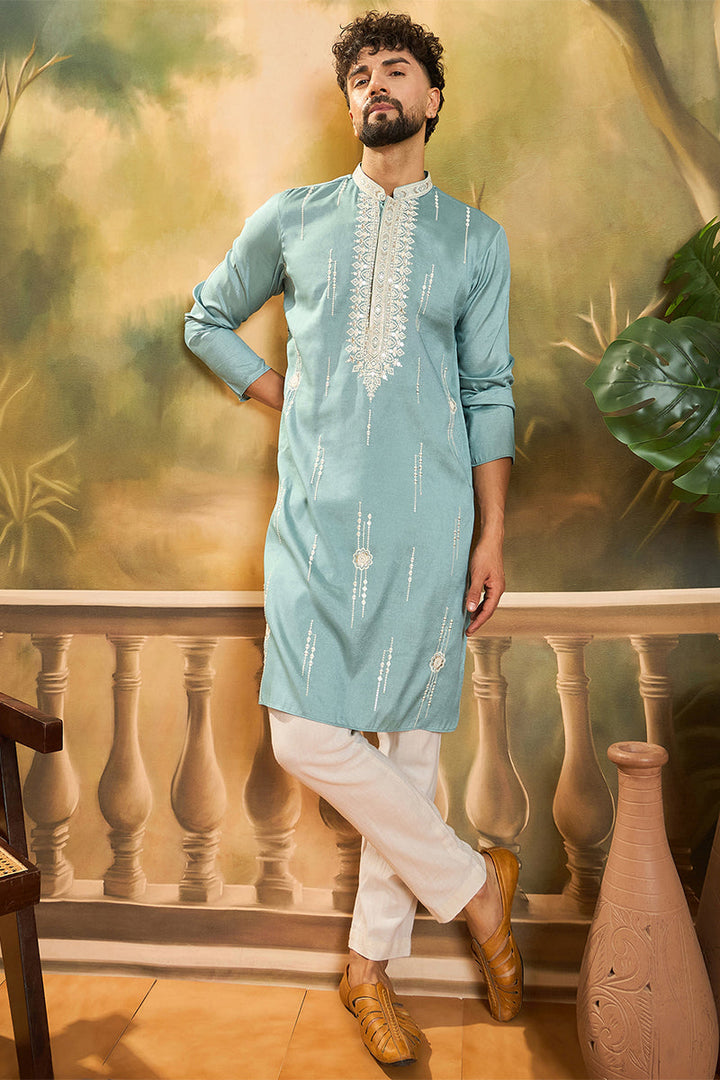 Blue Silk Blend Solid Embroidered Straight Kurta with Trouser | SHOBITAM