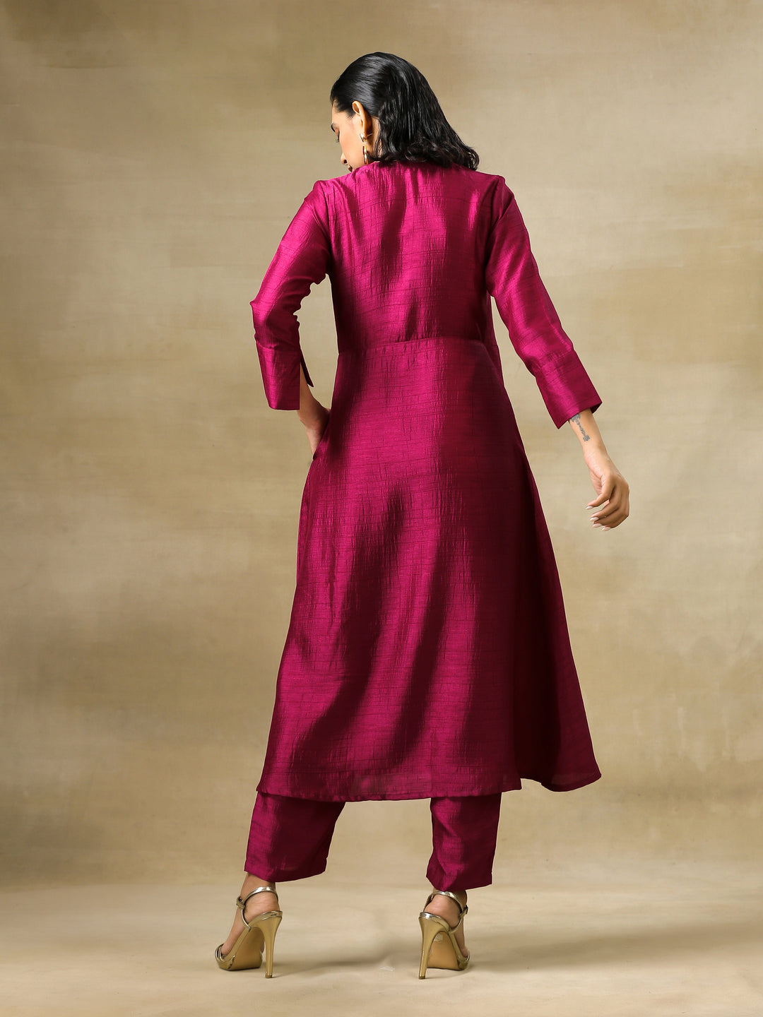 Purple Textured Silk Angrakha Kurta Pant Set | SHOBITAM