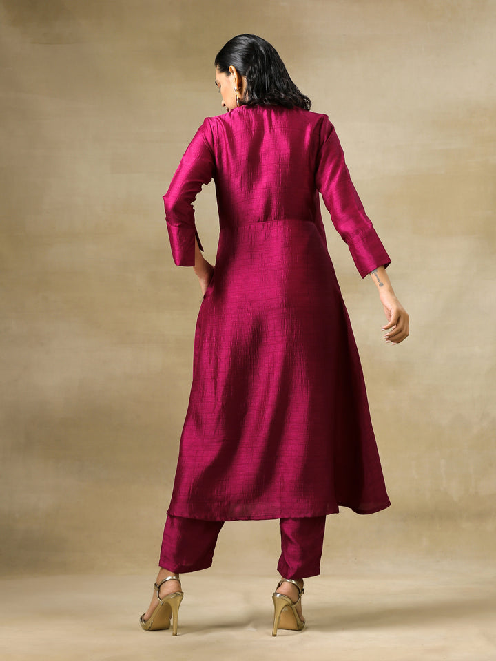 Purple Textured Silk Angrakha Kurta Pant Set | SHOBITAM
