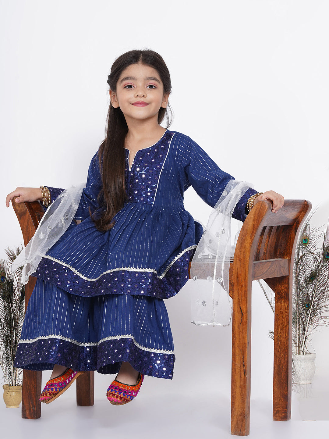 Girls Mirror work Kurta frock with Sharara and Dupatta in Blue and White | SHOBITAM