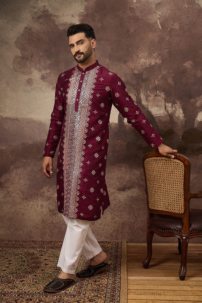 Maroon Silk Blend Solid Embroidered Straight Kurta | SHOBITAM