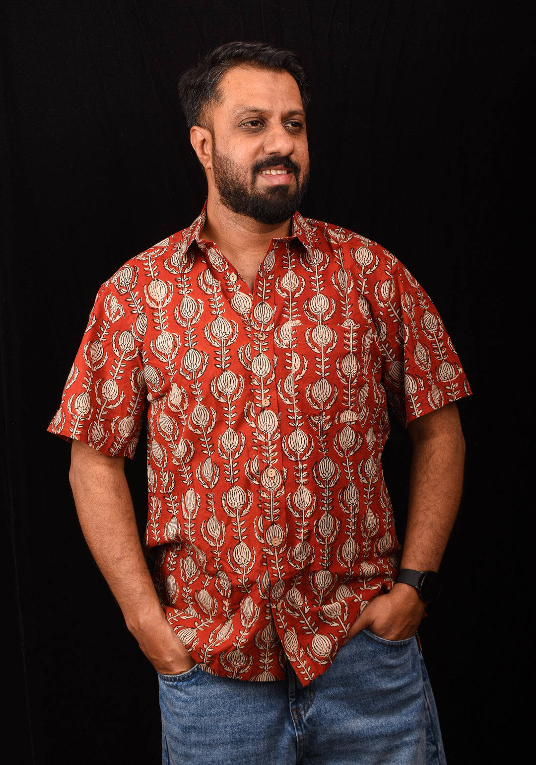 Red Black Bagru Handblock Printed Cotton Mens Shirt