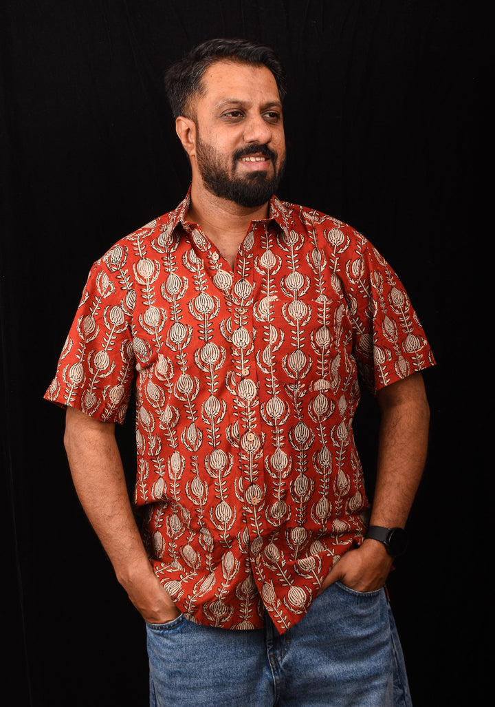 Red Black Bagru Handblock Printed Cotton Mens Shirt