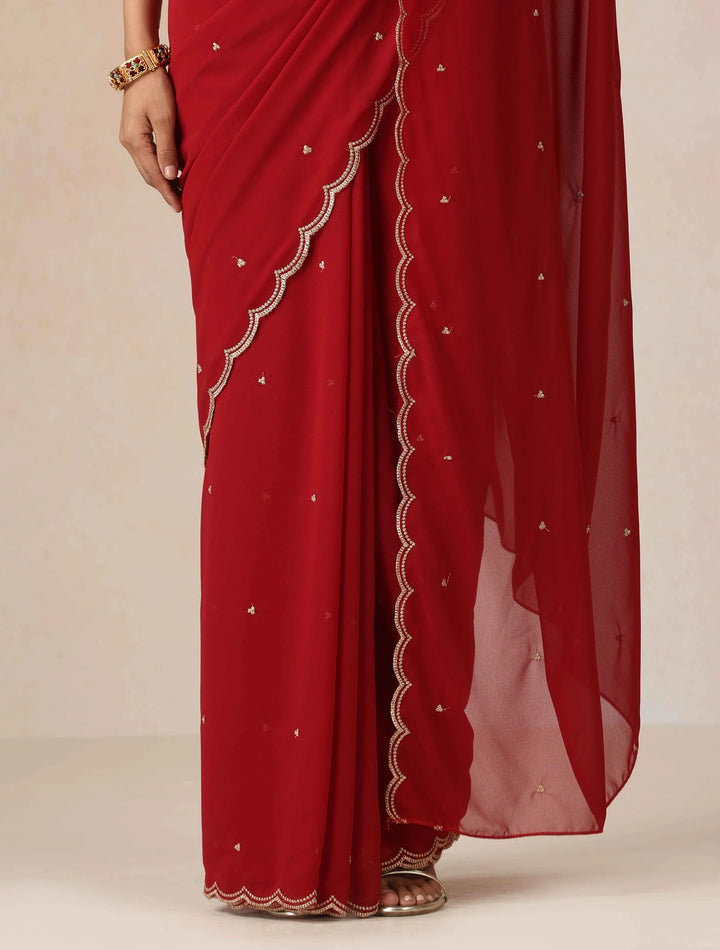 Maroon Georgette Embroidered Saree With unstitched Blouse | SHOBITAM