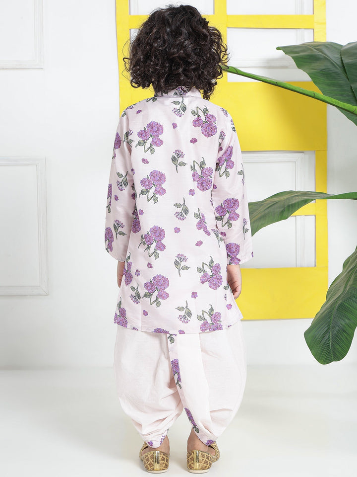 Petal Pink Floral Muslin Kurta with Cotton Dhoti | SHOBITAM