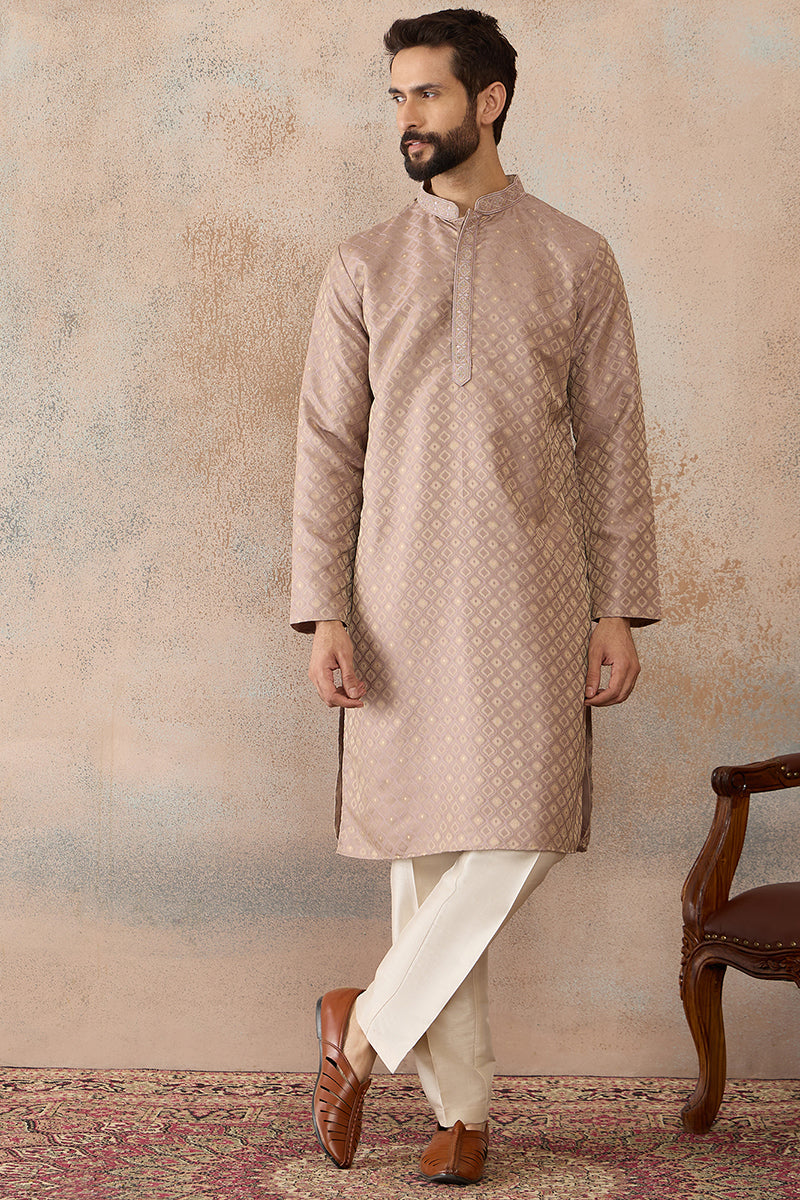 Mens Taupe Jacquard Ethnic Motifs Embroidered Kurta | SHOBITAM