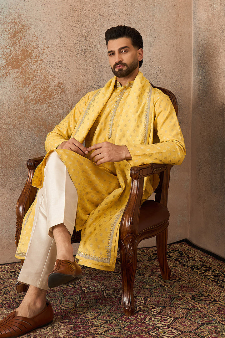 Men Yellow Jacquard Woven Design Floral Straight Kurta Sets | SHOBITAM