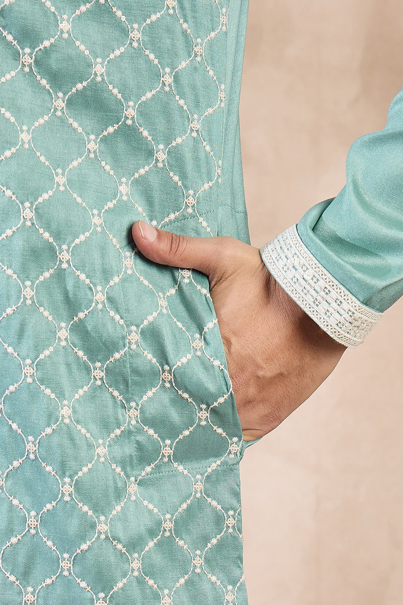 Teal Silk Blend Geometric Embroidered Straight Kurta With Trouser | SHOBITAM