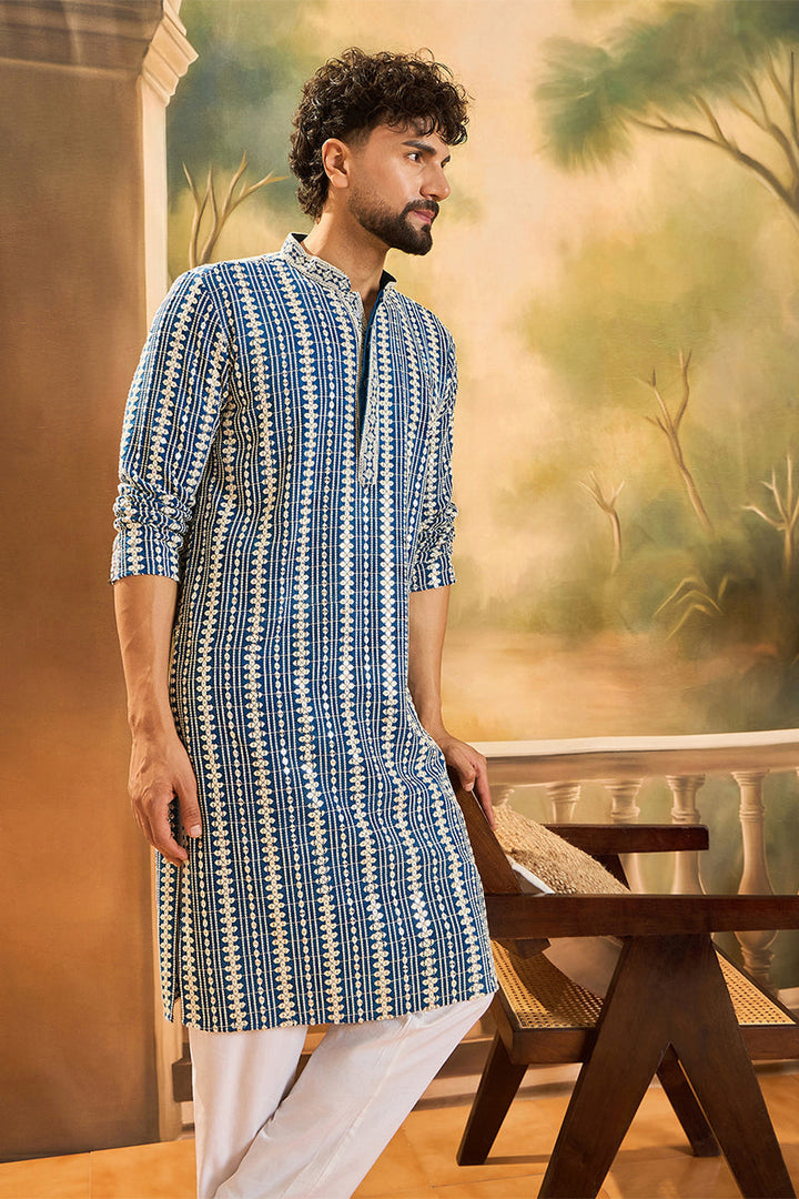 Blue Viscose Rayon Embroidered Straight Kurta | SHOBITAM
