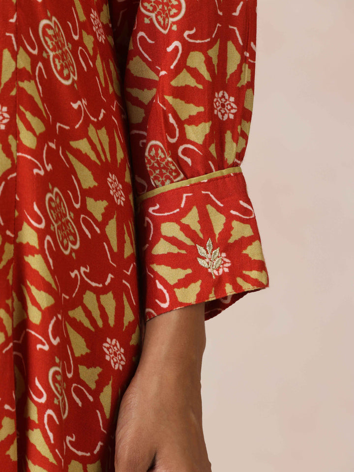 Red Light Green Print Vicose A-line Glass Neck Kurta Set | SHOBITAM