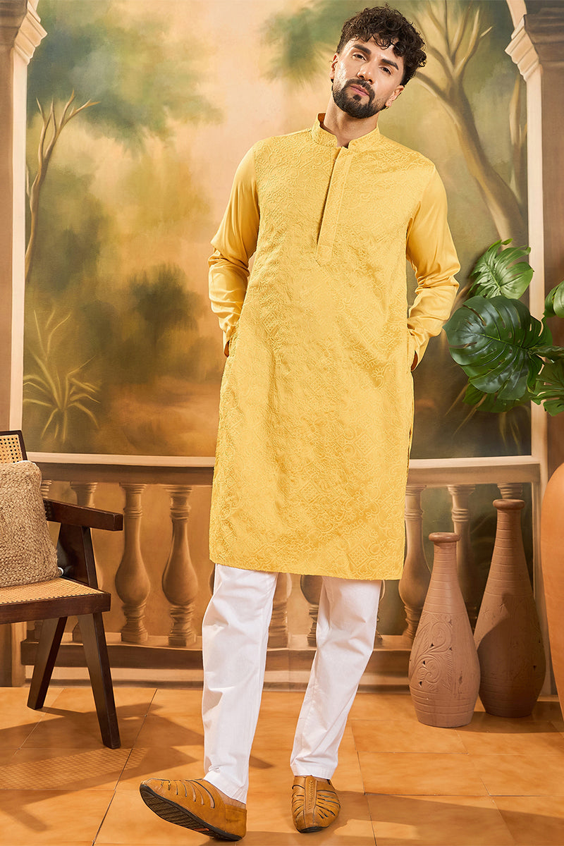 Yellow Silk Blend Solid Embroidered Straight Kurta | SHOBITAM