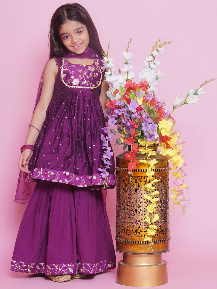 Girls Chanderi Semi- Silk Sleeveless Floral Embrodiery Kurta Frock with Sharara and Dupatta -Rayon Purple | SHOBITAM